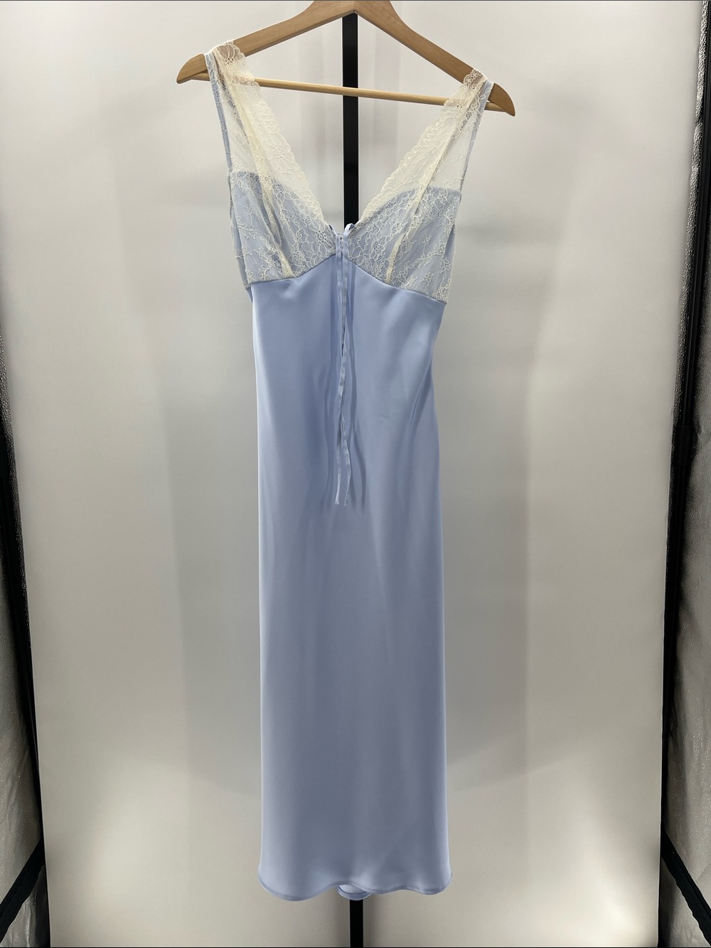 Lush Pale Blue Satin Slip with Cream Lace Trim